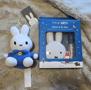 Miffy Blue and White Plush Keyring With Miffy Creme Mirror And Lip Oil Gift Set